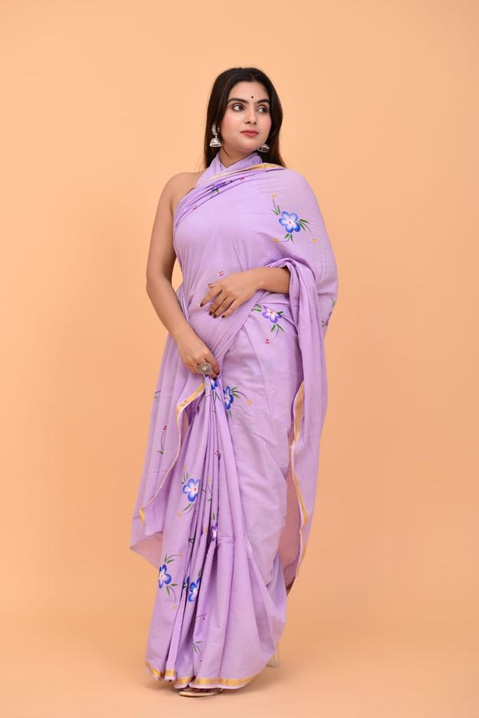 Lavender Mulmul Zari Cotton saree