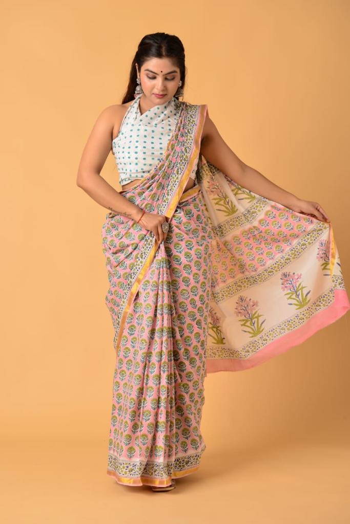 Baby Pink Mulmul cotton saree