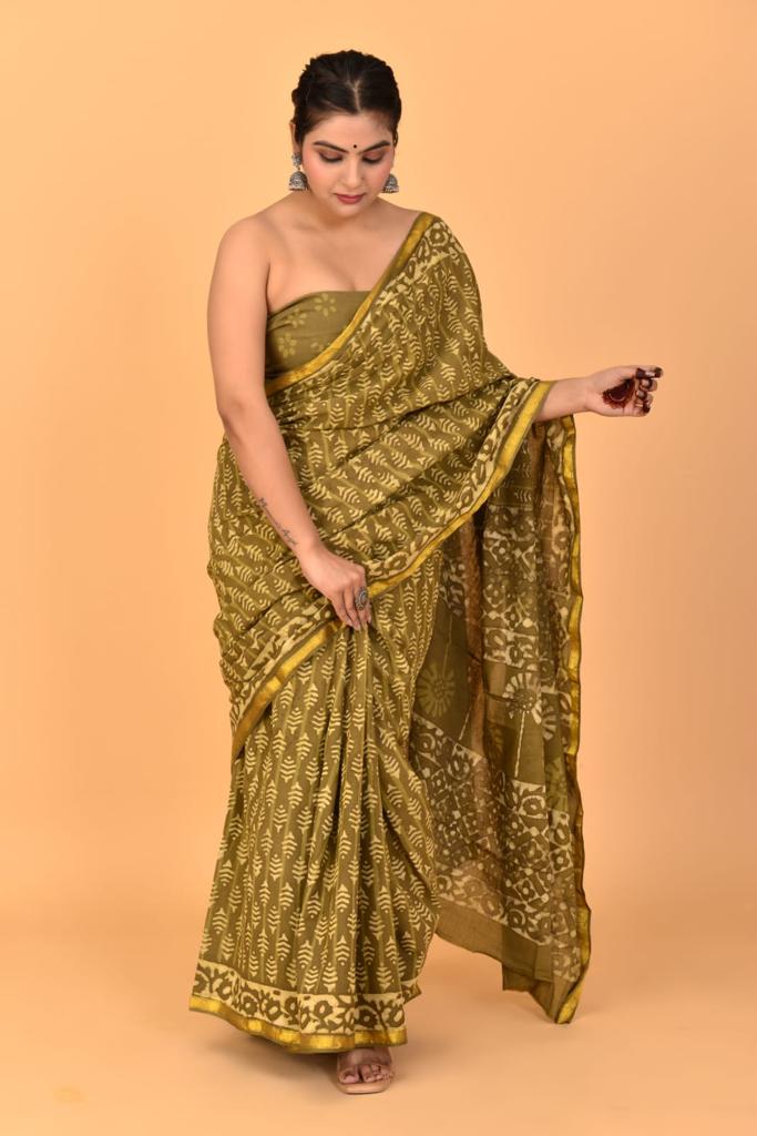Mehendi Green Mulmul Zari Cotton Saree