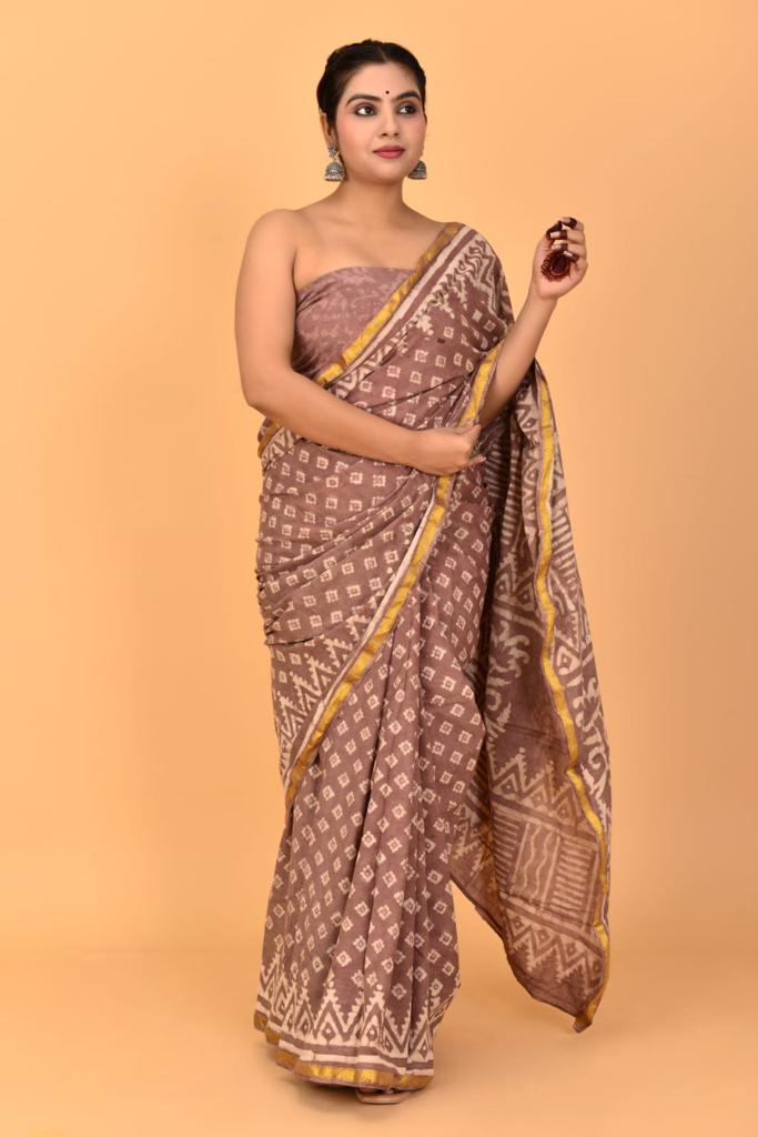 Taupe Brown Mulmul Zari Cotton Saree