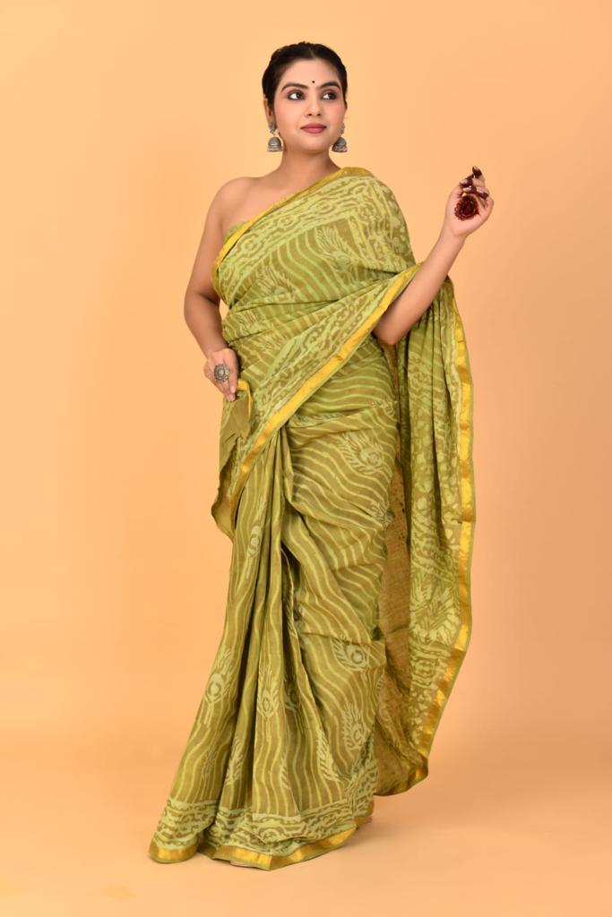 Spring Green Mulmul Zari Cotton Saree