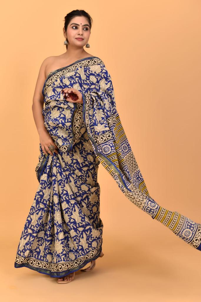 Navy Blue Mulmul Zari Cotton Saree