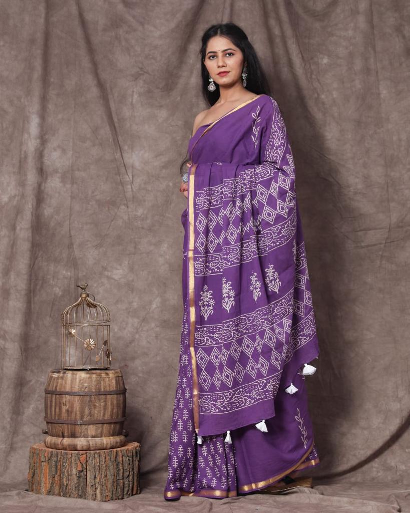 Purple Mulmul Zari Cotton Saree