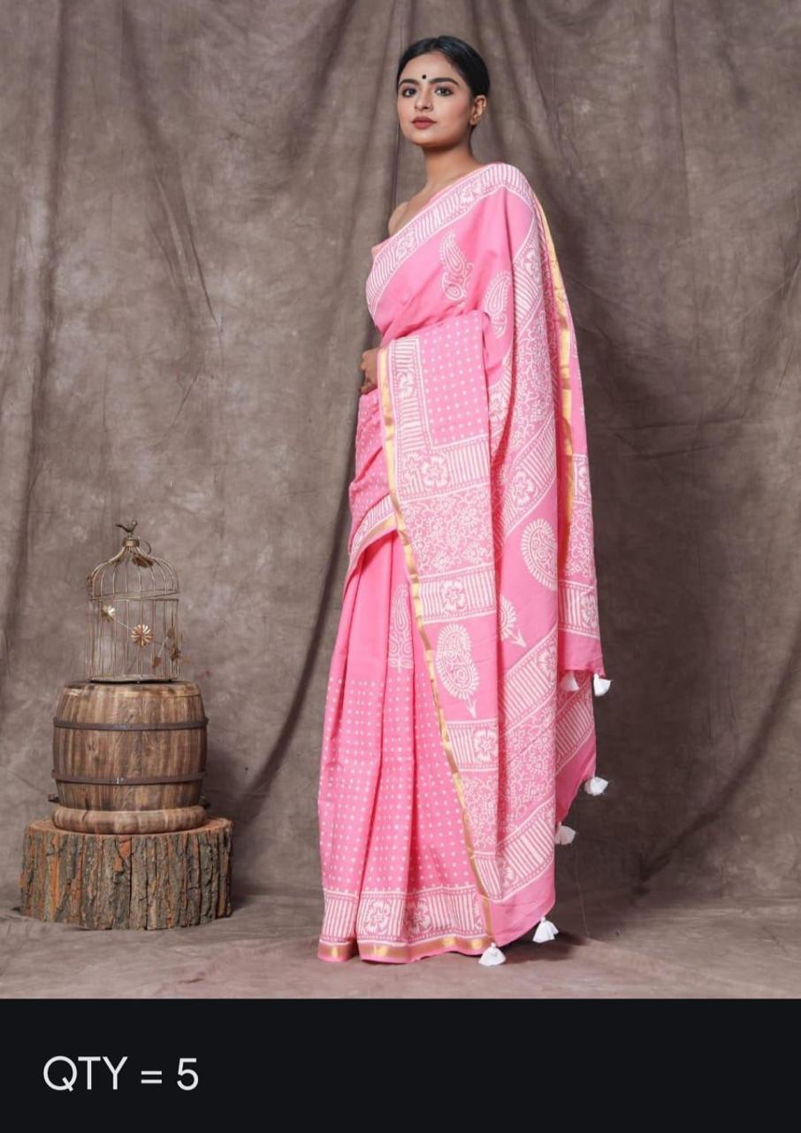 Baby Pink Mulmul Zari Cotton Saree