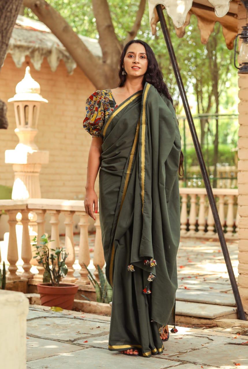 Olive Green Plain Mulmul Zari Cotton Saree