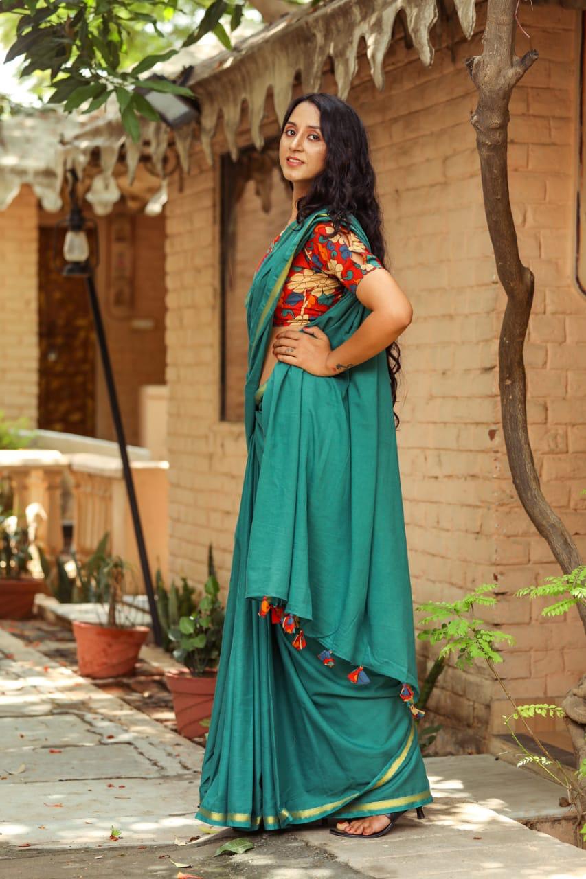 Teal Blue Plain Mulmul Zari Cotton Saree