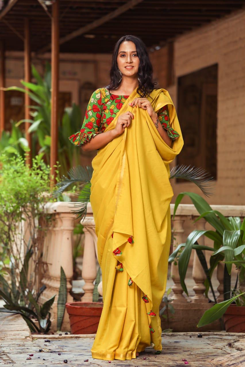Mango Yellow Plain Mulmul Zari Cotton Saree