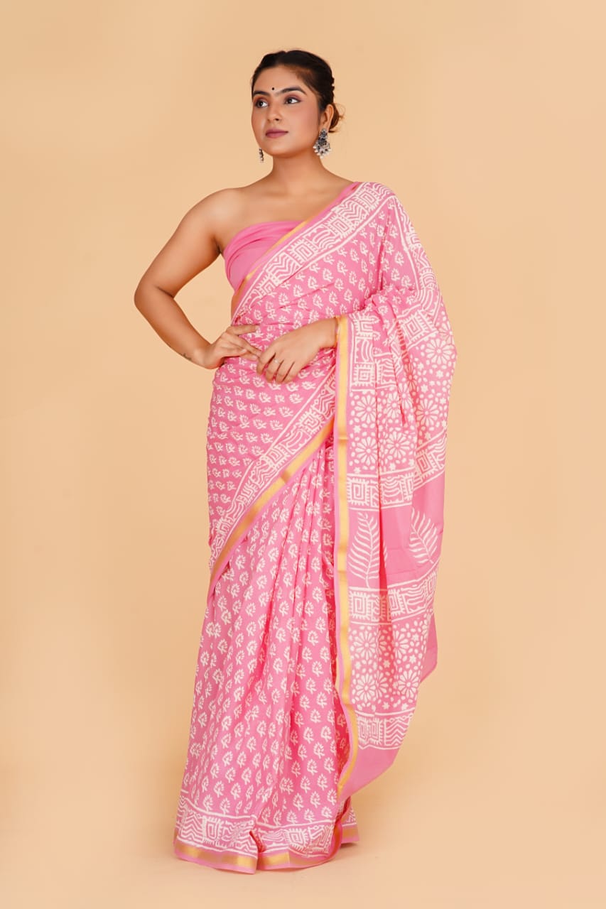 Pink Mulmul Zari Cotton Saree