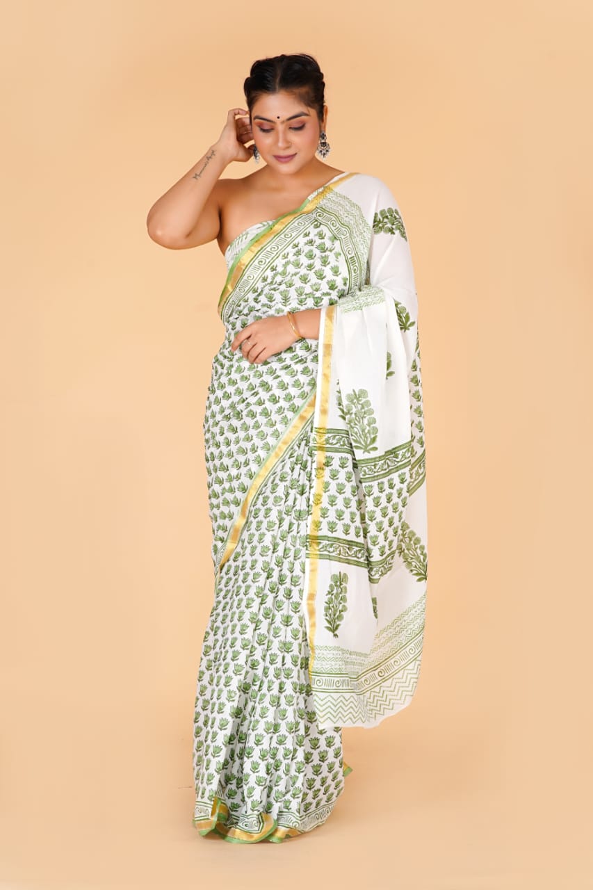 White Mulmul Zari Cotton Saree
