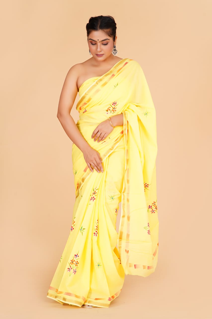Mango yellow Mulmul Zari Cotton Saree