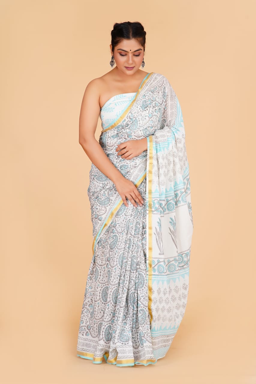 White Mulmul Zari Cotton Saree