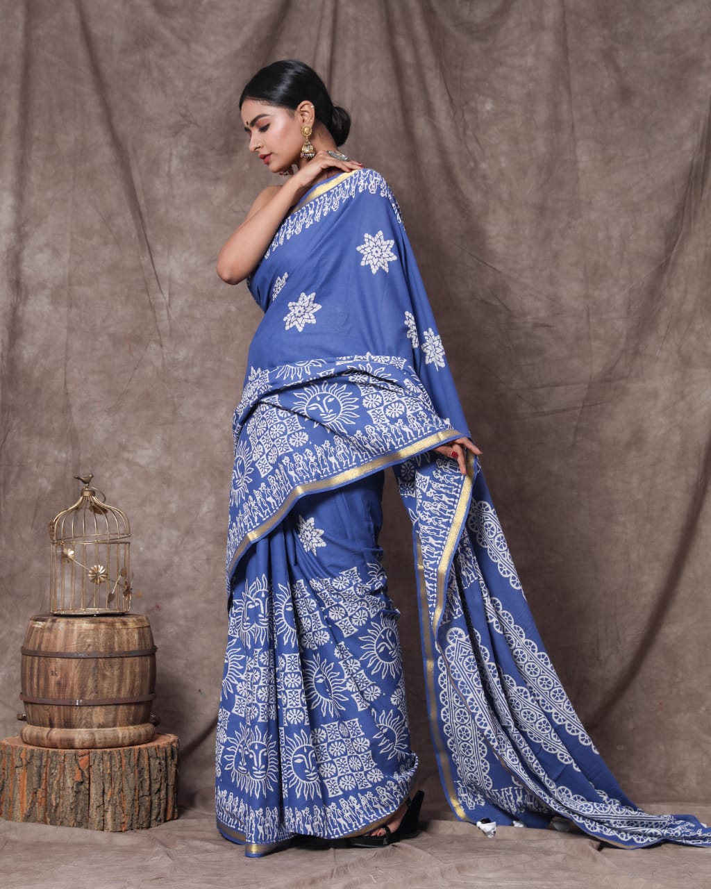 Regal Blue Mulmul Zari Cotton Saree