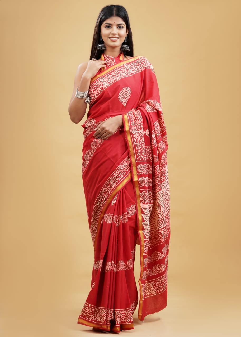 Tomato Red Mulmul Zari Cotton Saree