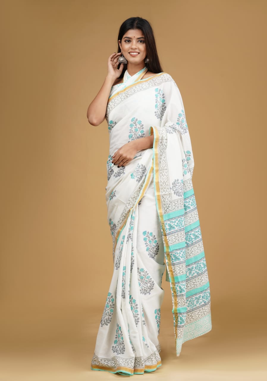 White Mulmul Zari Cotton Saree