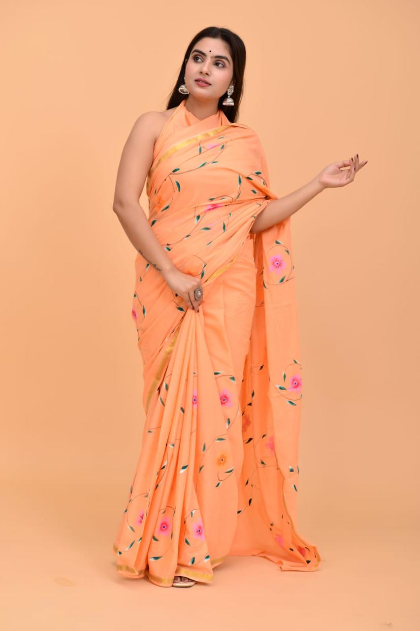 Peach Mulmul Zari Cotton Saree