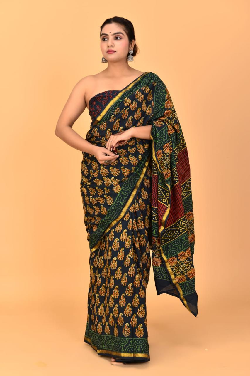 Bottle Green Mulmul Zari Cotton Saree