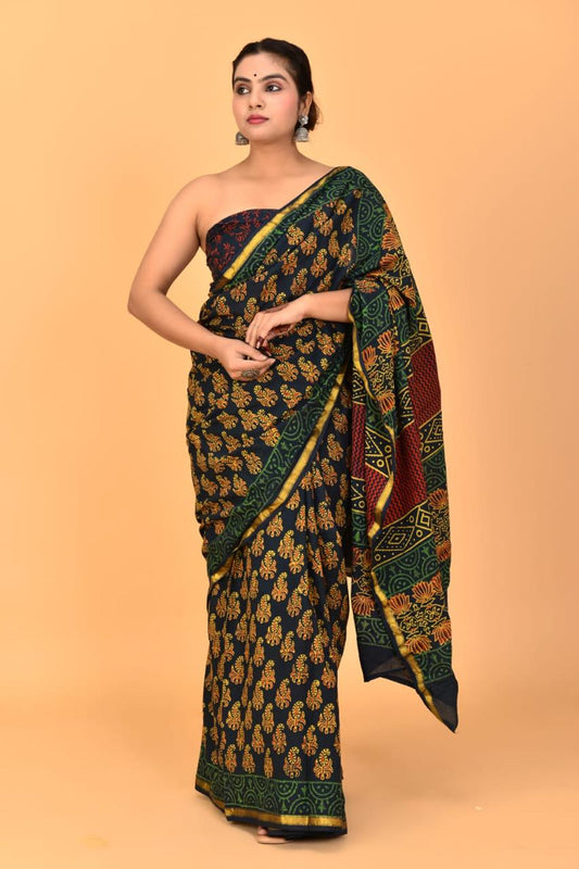 Bottle Green Mulmul Zari Cotton Saree