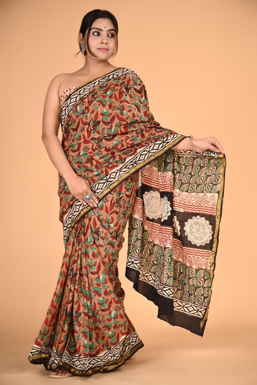 Brown Mulmul Zari Cotton Saree