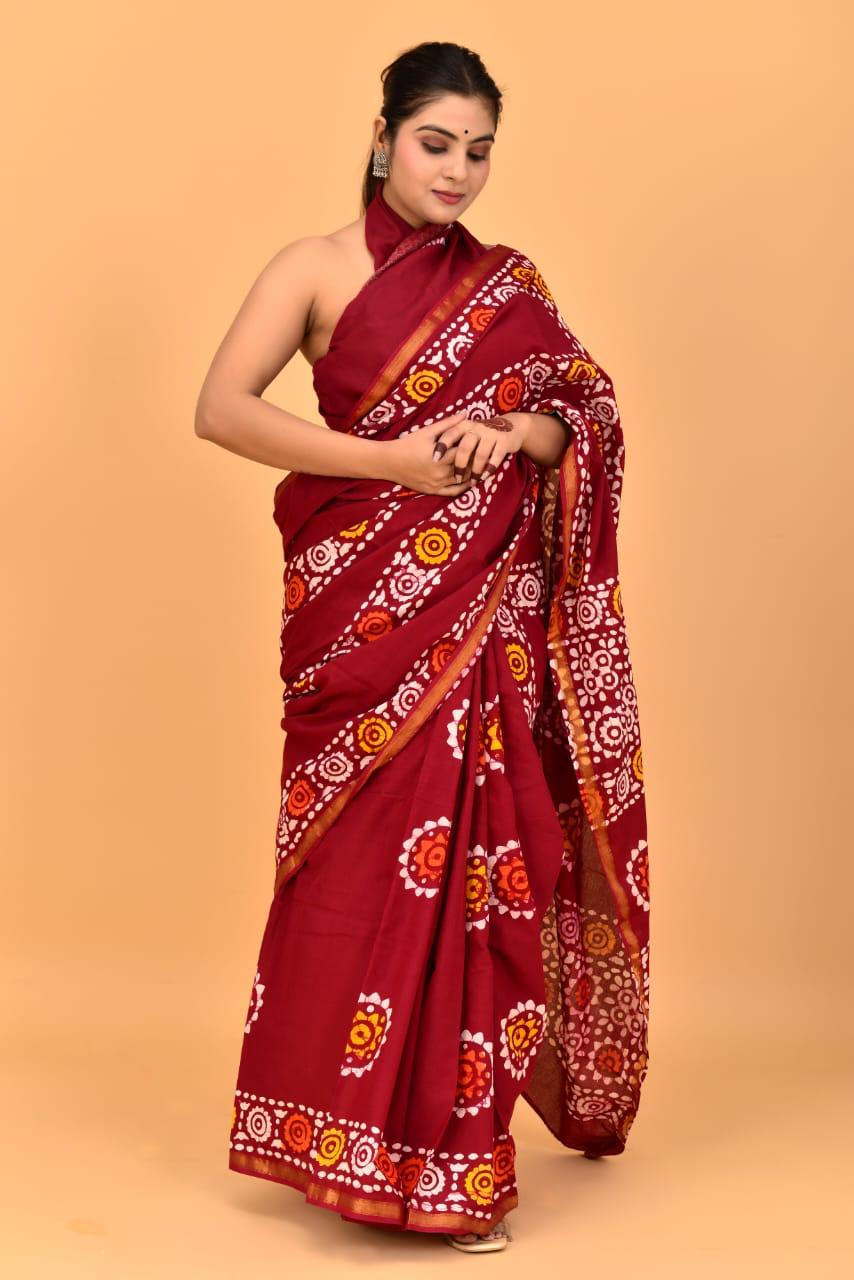 Maroon Mulmul Zari Cotton Saree
