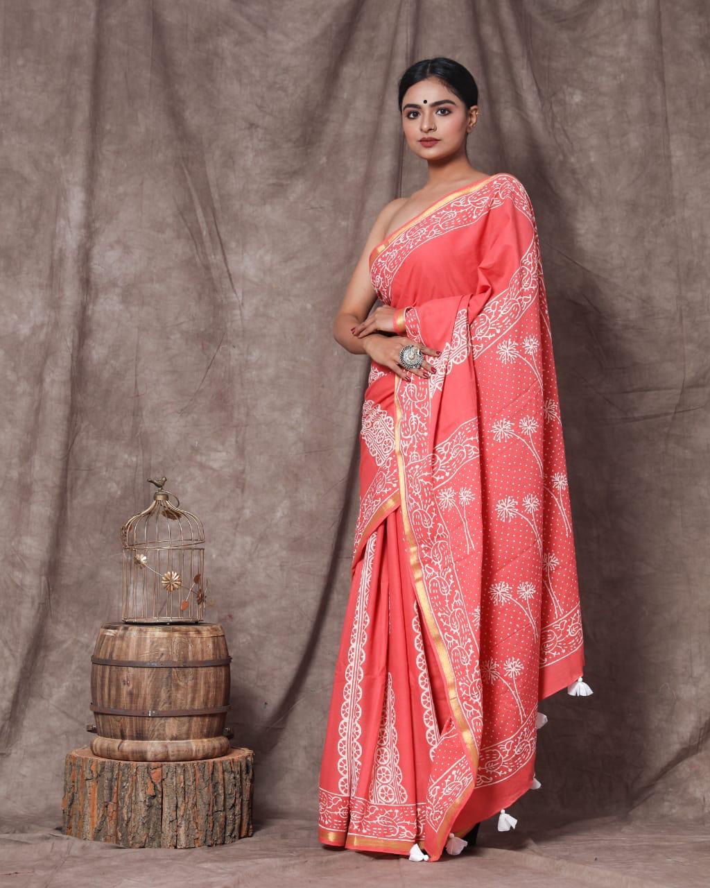 Coral Pink Mulmul Zari Cotton Saree