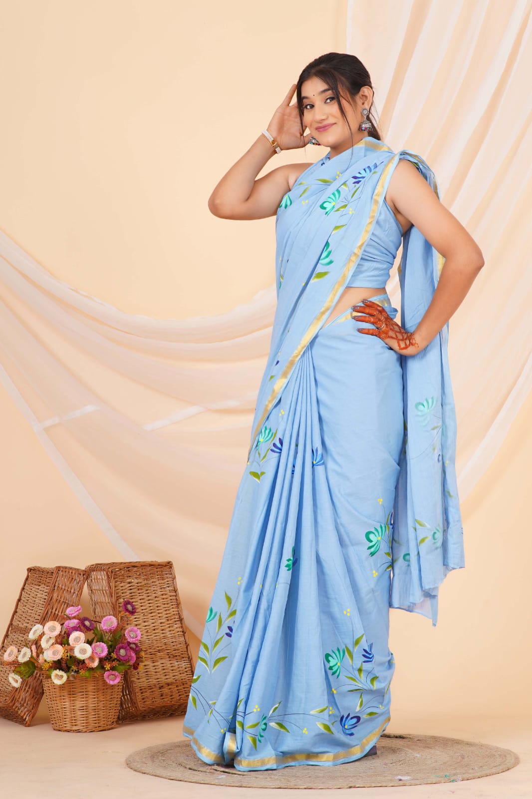 Twilight Blue Mulmul zari Cotton Saree