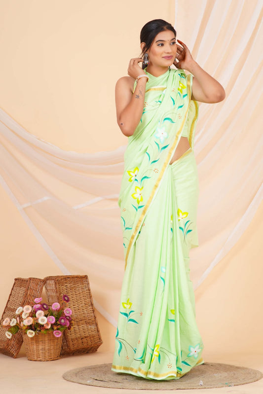 Light Mint Green Mulmul zari Cotton Saree