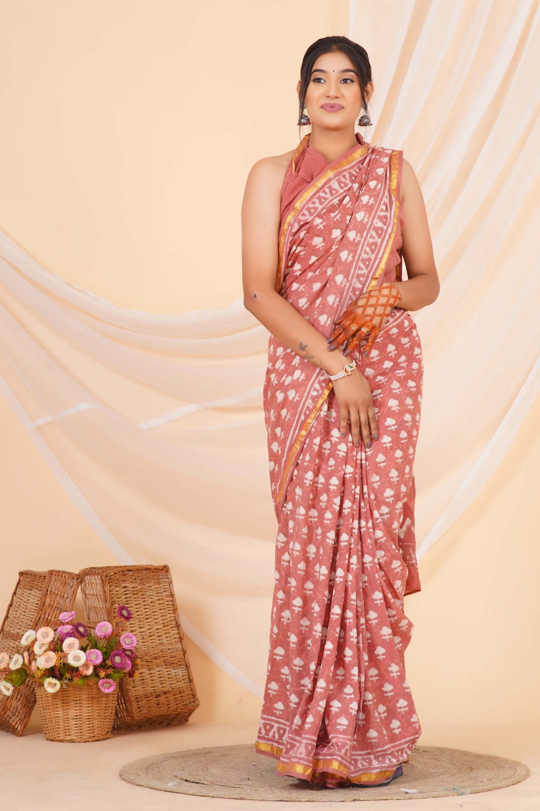 Taupe Brown Mulmul Zari Cotton Saree
