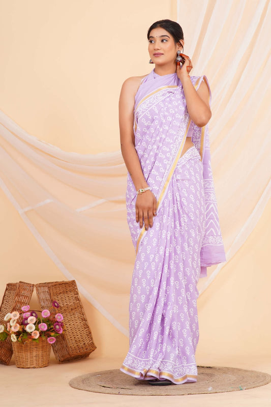 Lavender Mulmul Zari Cotton Saree