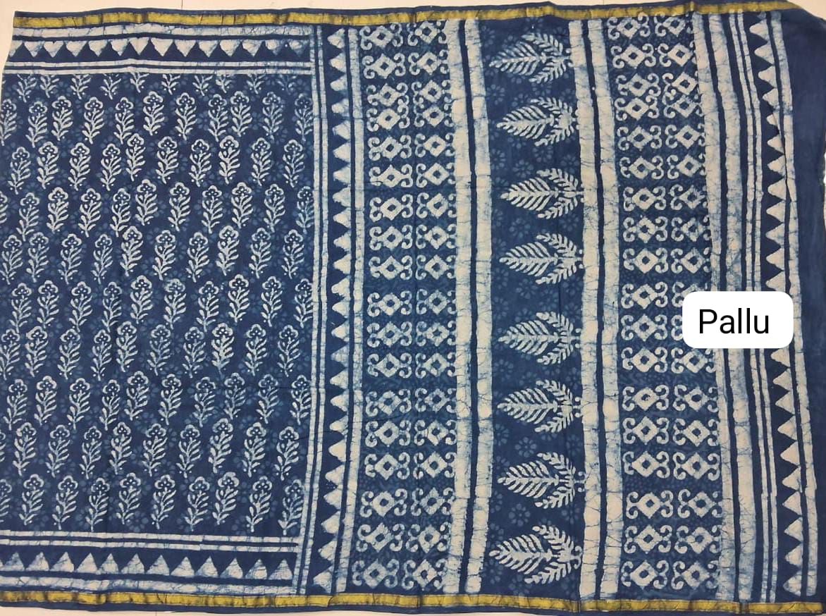 Indigo Blue Mulmul Zari Cotton Saree pallu