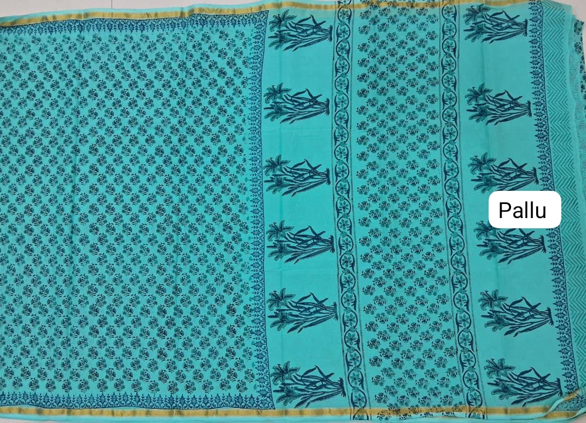 Aqua Blue Mulmul Zari Cotton Saree pallu