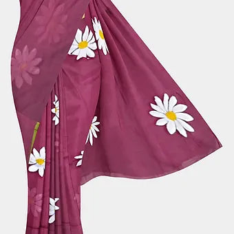 Purple pink handpainted mulmul cotton saree