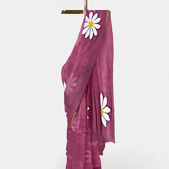 Purple pink handpainted mulmul cotton saree