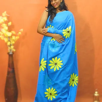 Sky blue handpainted mulmul cotton saree