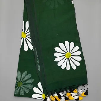 Green handpainted mulmul cotton saree