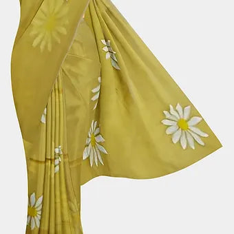 Light yellow handpainted mulmul cotton saree