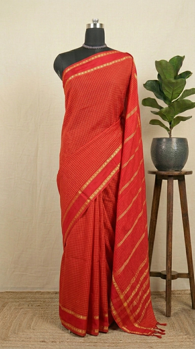 Fire Red Arani Cotton Saree