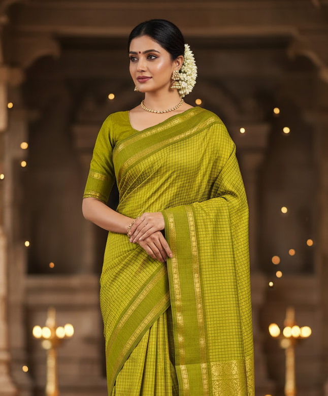 Radiant Bright Green Arani Cotton Saree