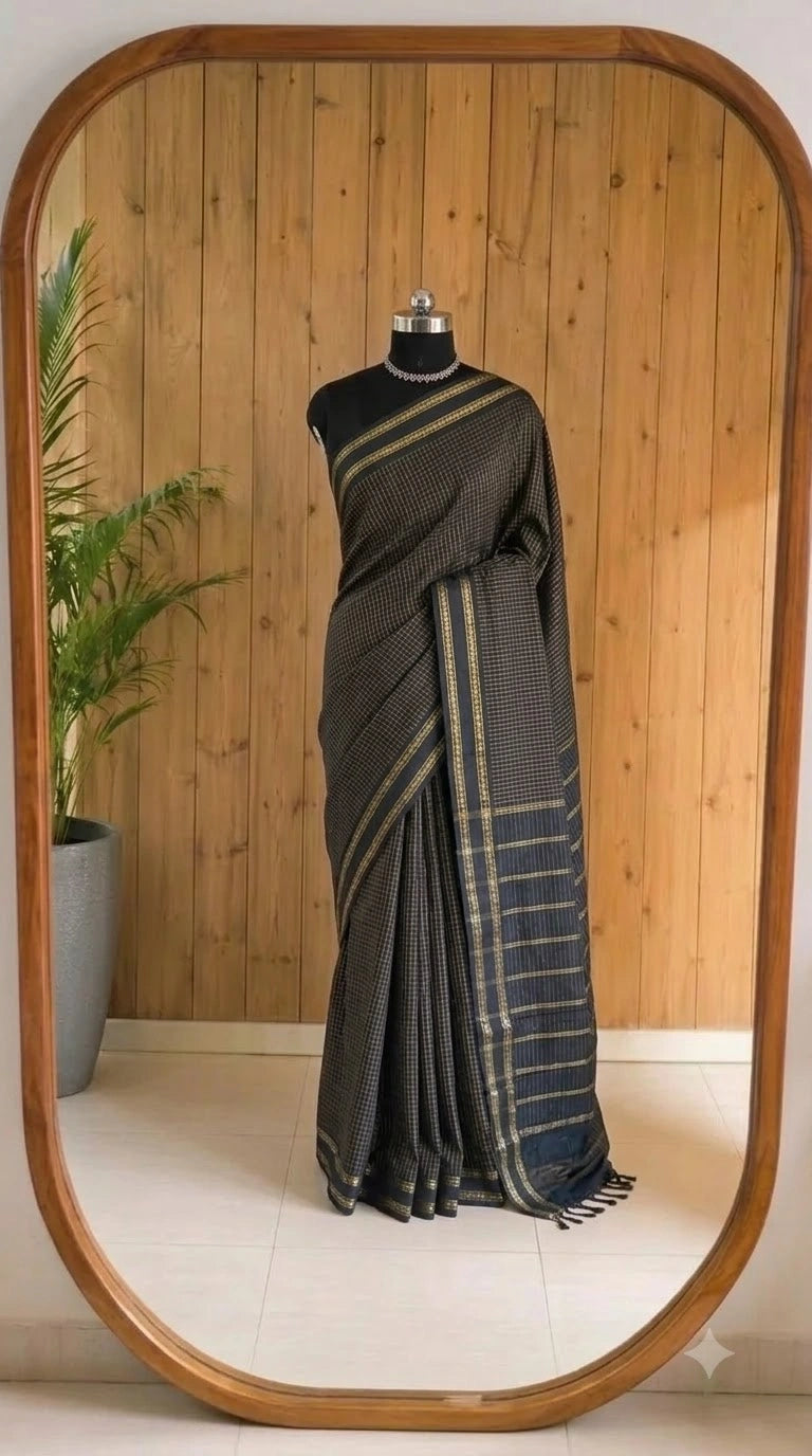 Pure Black Arani Cotton Saree