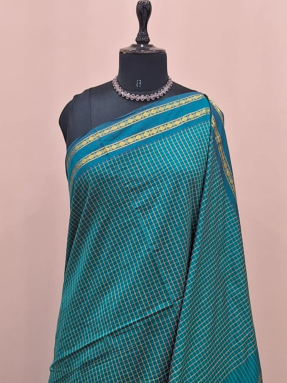 Pure Teal Blue Arani Cotton Saree 1