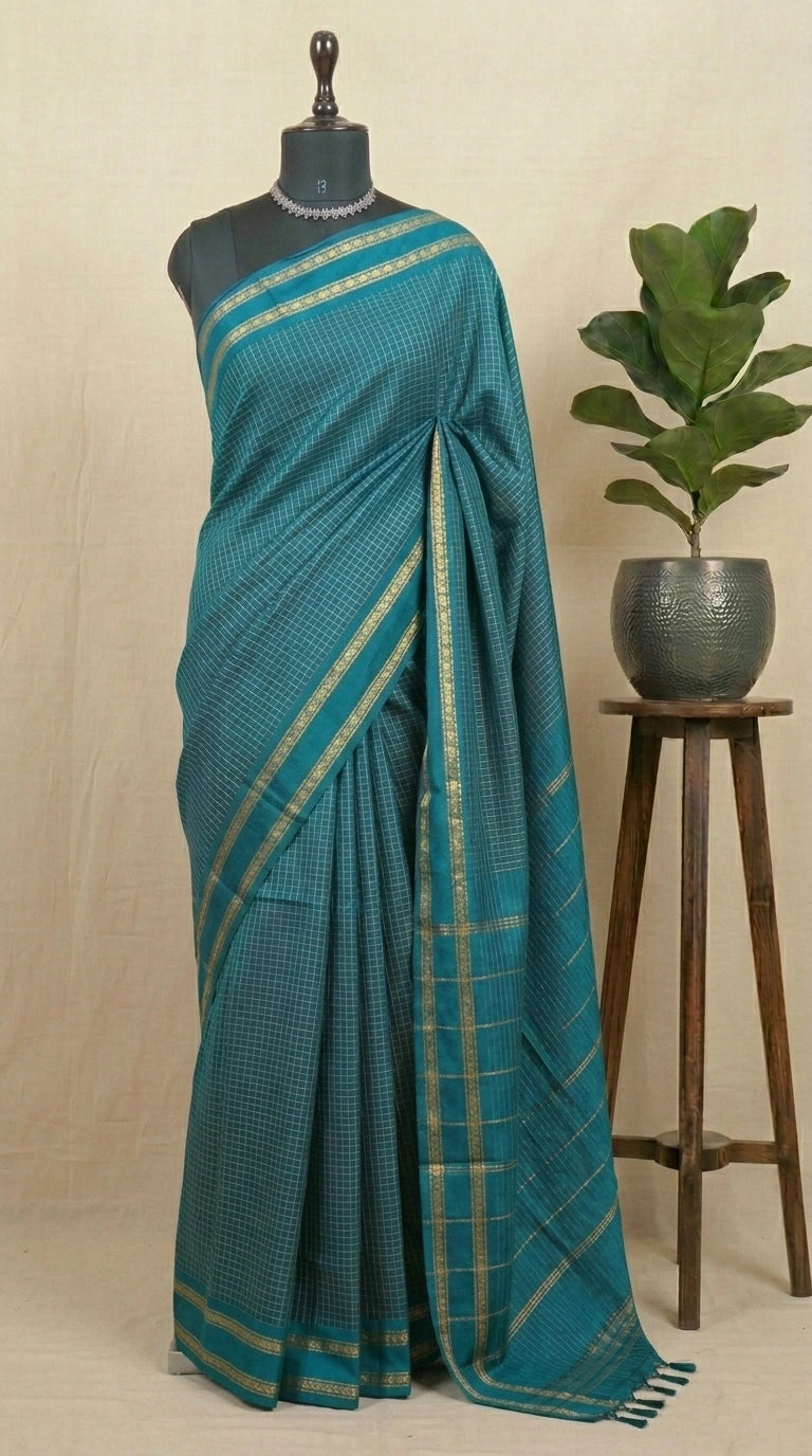 Pure Teal Blue Arani Cotton Saree