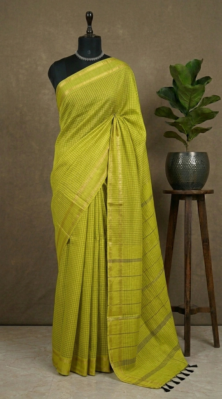 Vibrant bright green Arani cotton saree 