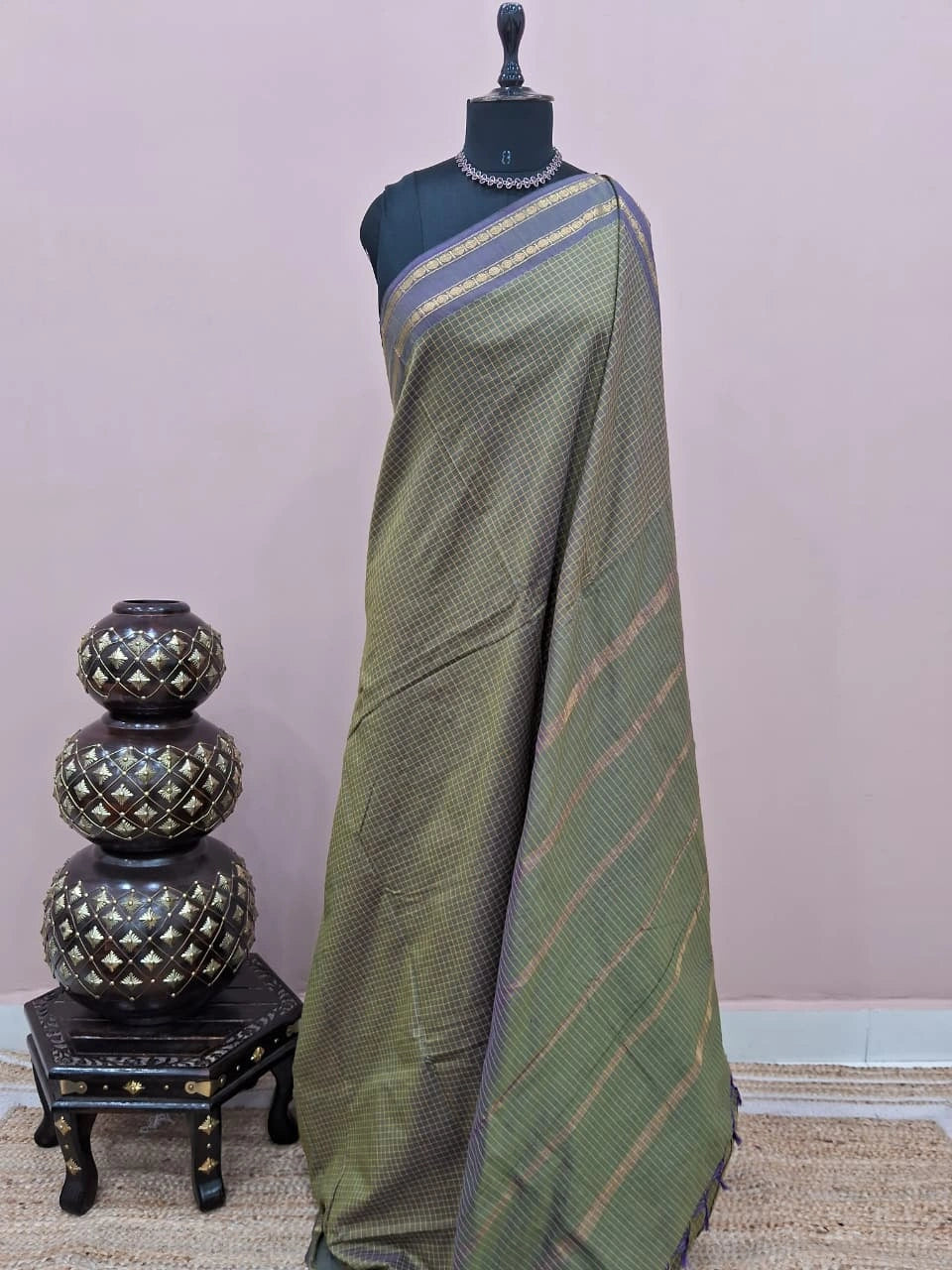 Light Olive Green Arani Cotton Saree 