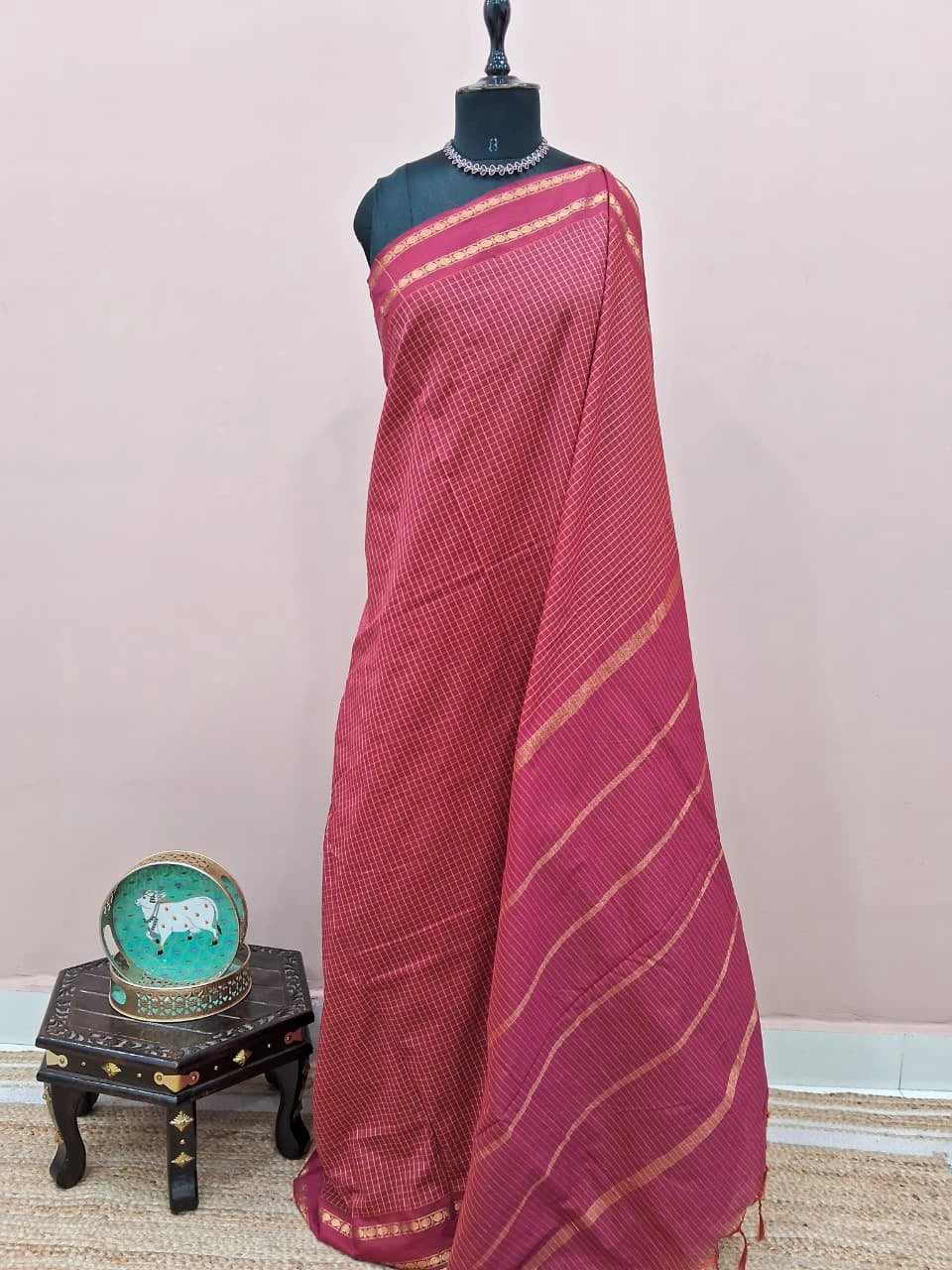 Reddish Pink Arani Cotton Saree 
