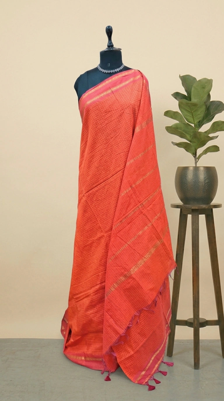 Vibrant Orange Arani Cotton Saree