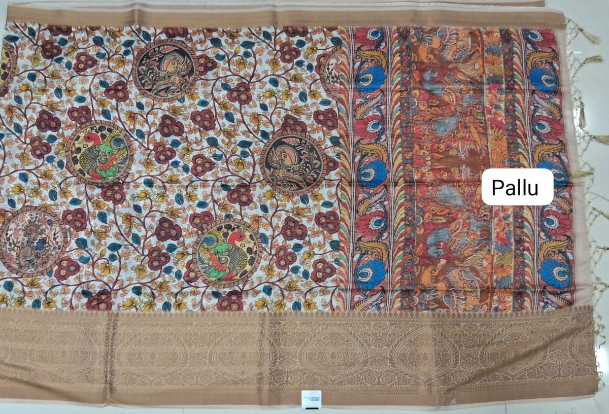 White Chanderi Saree with Multicolor Kalamkari Floral Print