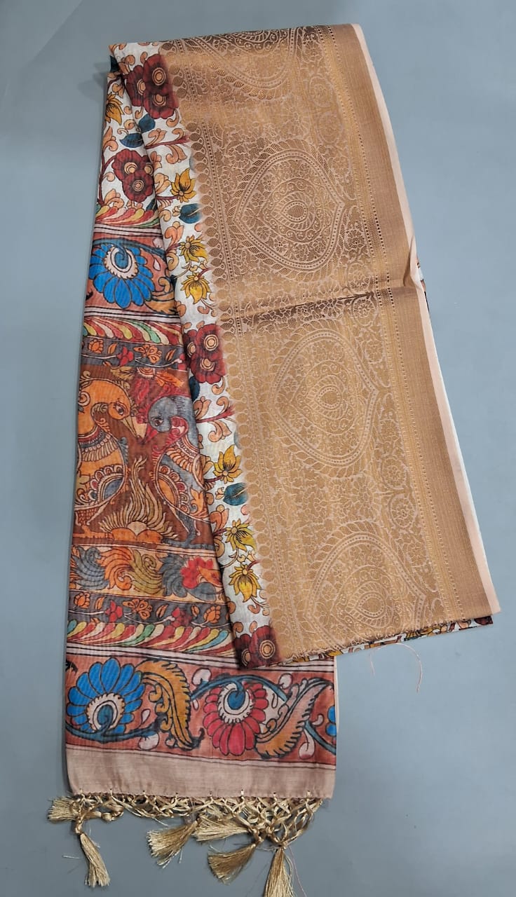 White Chanderi Saree with Multicolor Kalamkari Floral Print