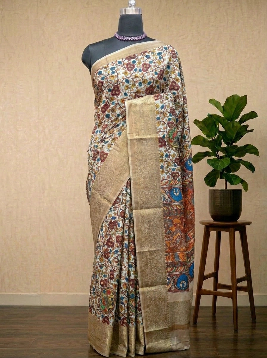 White Chanderi Saree with Multicolor Kalamkari Floral Print