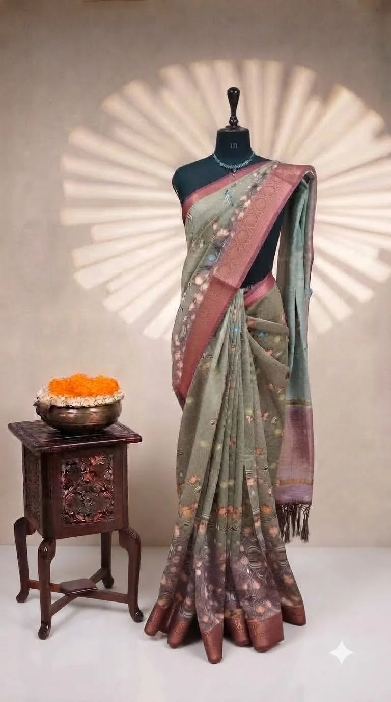 Seafoam Green Chanderi Saree Pallu