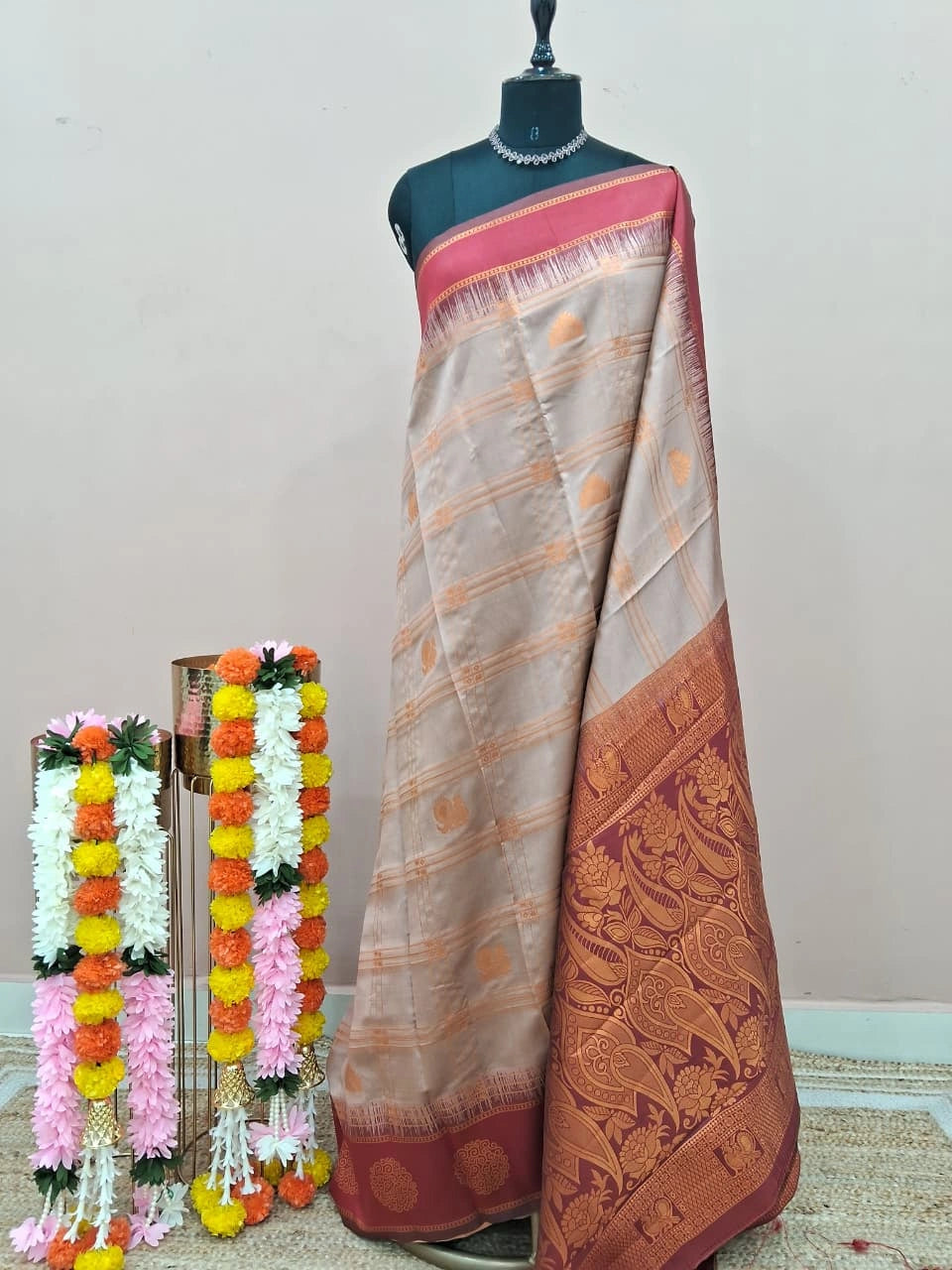 Beige Pure Kanchi Silk Saree