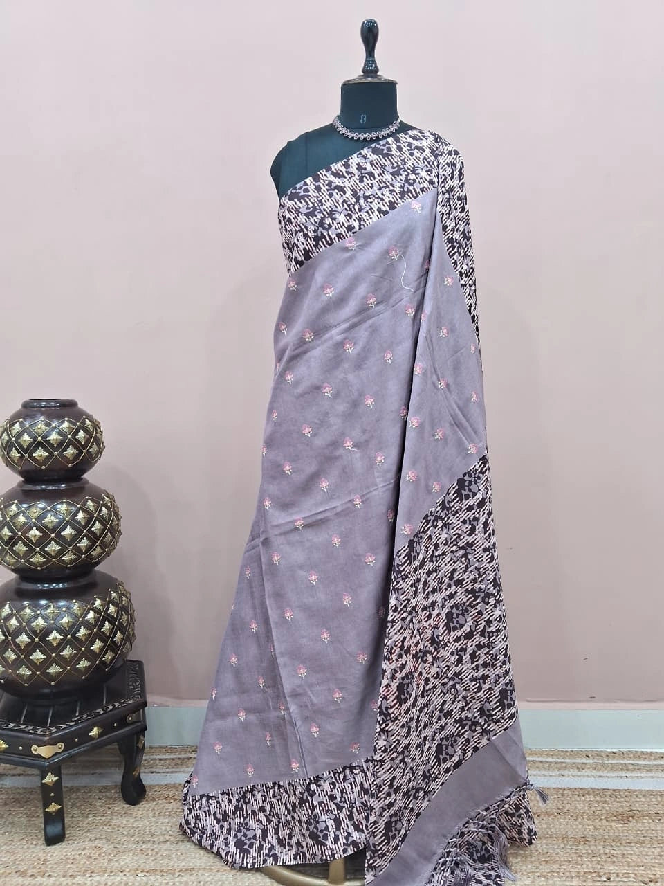 Lavender Grey Tussar Saree